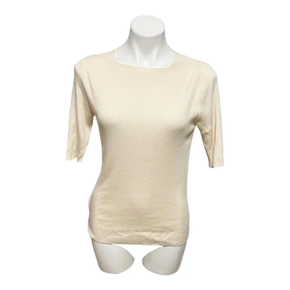 Akris Cream Ribbed 1/2 Sleeve Square Neck Lightweight Sweater - Picture 2 of 7